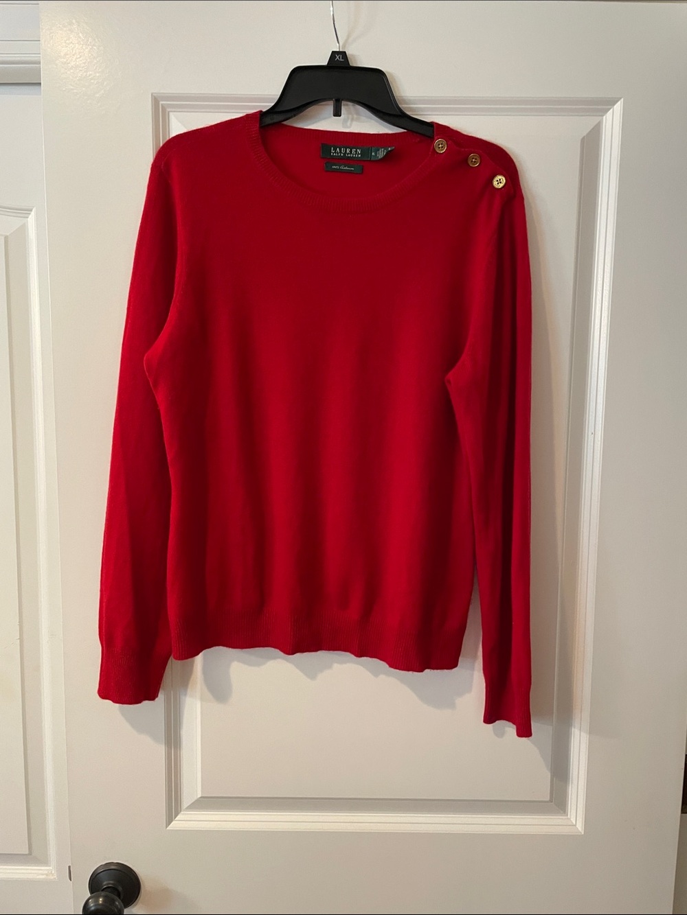 Lauren Ralph Lauren Red Button-Shoulder Crewneck Cashmere Sweater